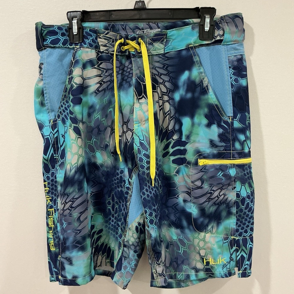 Huk Kryptek Raid Camo Fishing Board Shorts Mens M Quick Dry‎ Swim Trunks Blue